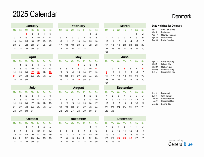 Holiday Calendar 2025 for Denmark (Monday Start)