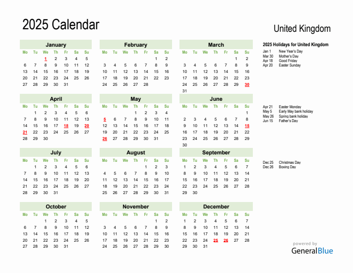 Holiday Calendar 2025 for United Kingdom (Monday Start)