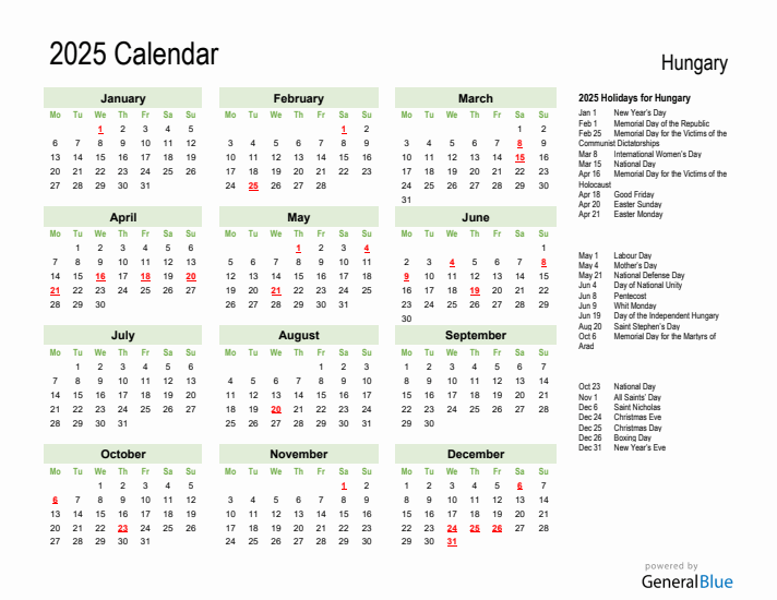 Holiday Calendar 2025 for Hungary (Monday Start)