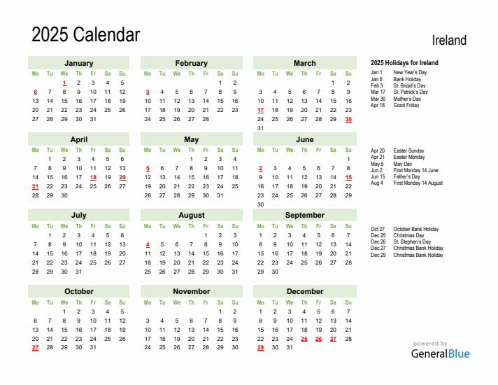 Holiday Calendar 2025 for Ireland (Monday Start)