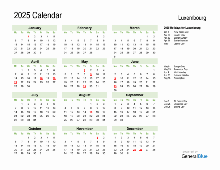 Holiday Calendar 2025 for Luxembourg (Monday Start)