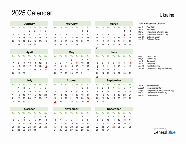 Holiday Calendar 2025 for Ukraine (Monday Start)