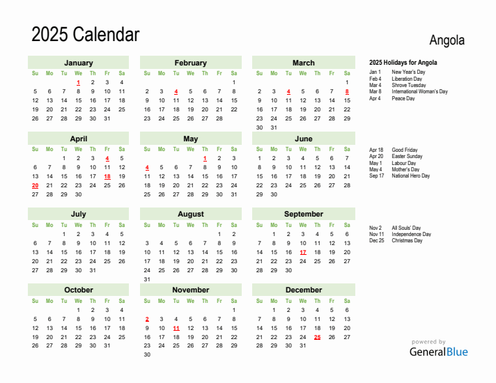 Holiday Calendar 2025 for Angola (Sunday Start)