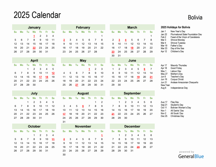 Holiday Calendar 2025 for Bolivia (Sunday Start)