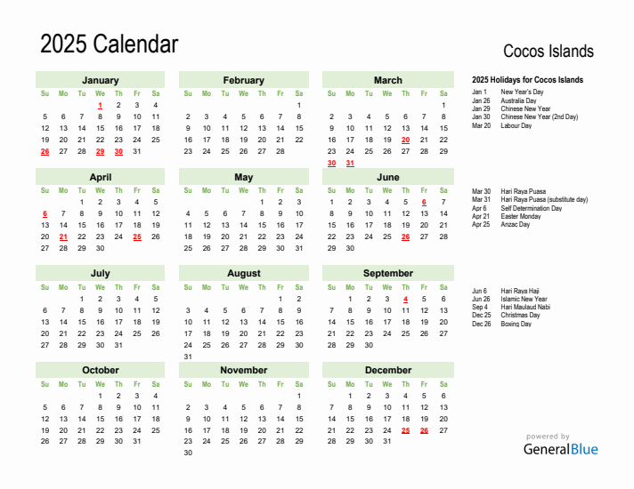 Holiday Calendar 2025 for Cocos Islands (Sunday Start)