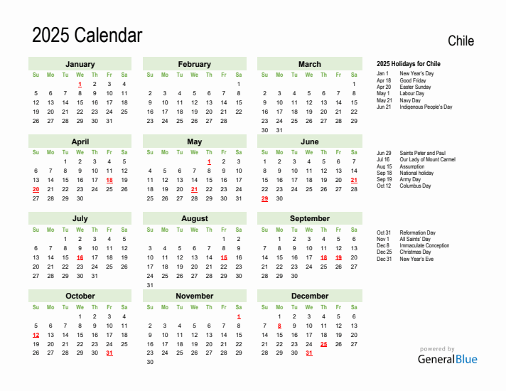 Holiday Calendar 2025 for Chile (Sunday Start)