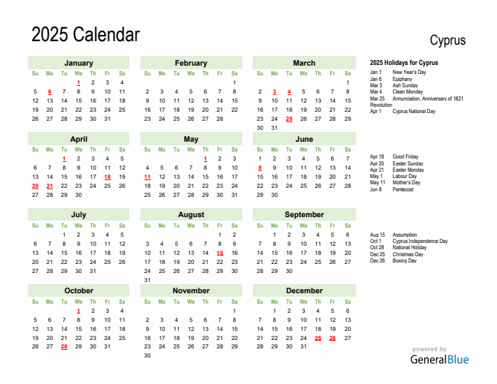 Holiday Calendar 2025 for Cyprus (Sunday Start)