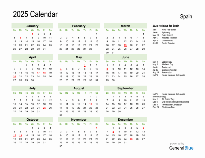 Holiday Calendar 2025 for Spain (Sunday Start)