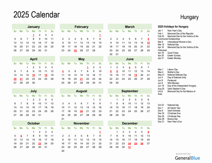 Holiday Calendar 2025 for Hungary (Sunday Start)