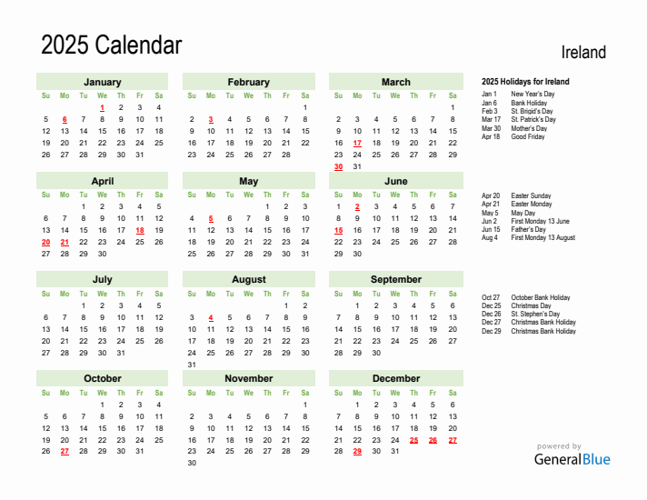 Holiday Calendar 2025 for Ireland (Sunday Start)