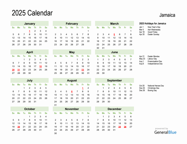 Holiday Calendar 2025 for Jamaica (Sunday Start)