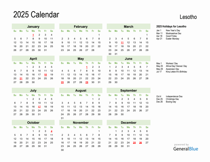 Holiday Calendar 2025 for Lesotho (Sunday Start)