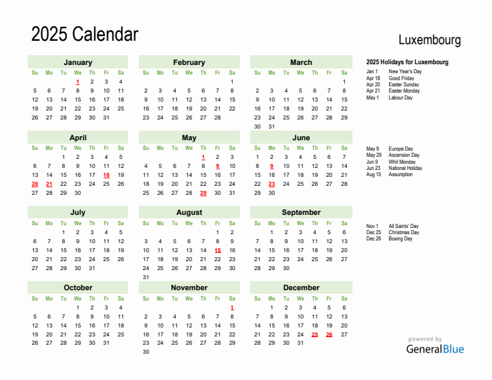 Holiday Calendar 2025 for Luxembourg (Sunday Start)