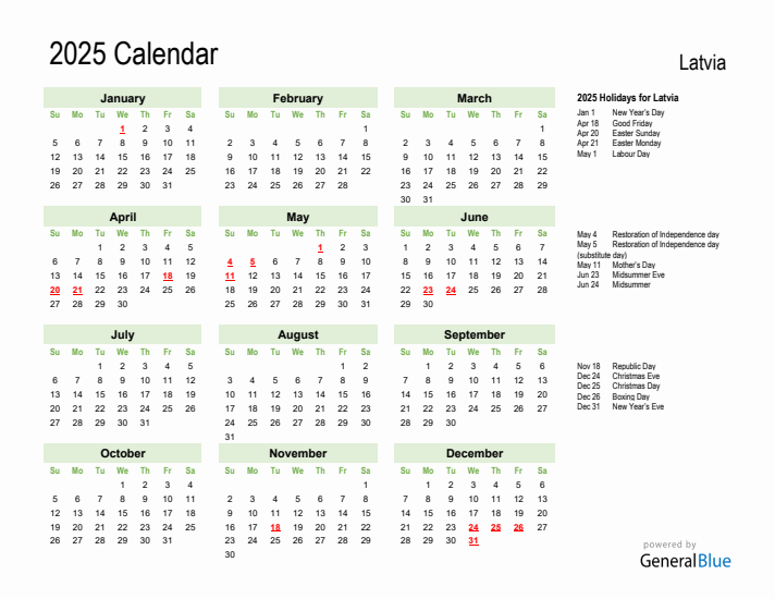 Holiday Calendar 2025 for Latvia (Sunday Start)