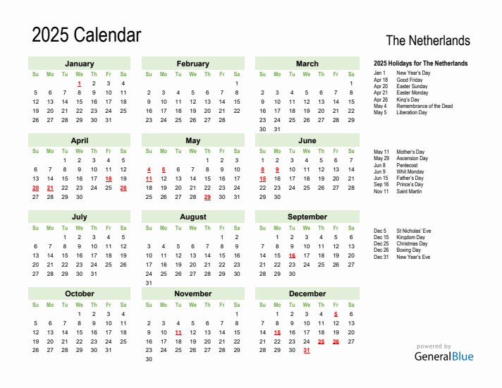 Holiday Calendar 2025 for The Netherlands (Sunday Start)