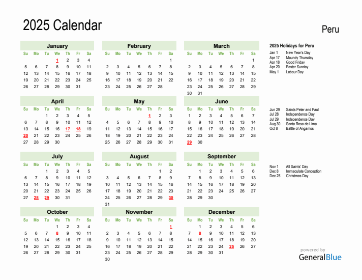 Holiday Calendar 2025 for Peru (Sunday Start)