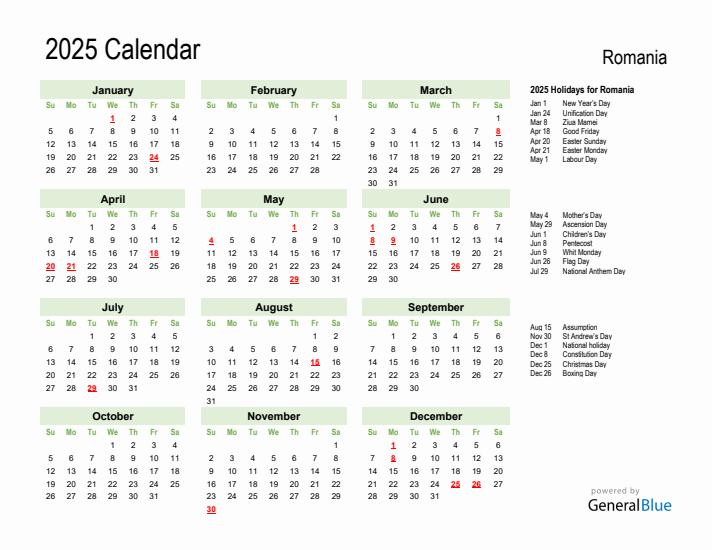 Holiday Calendar 2025 for Romania (Sunday Start)