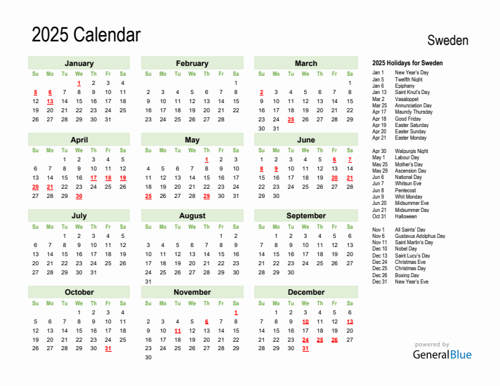 Holiday Calendar 2025 for Sweden (Sunday Start)