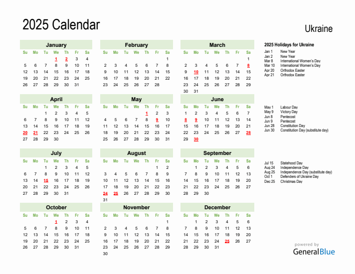 Holiday Calendar 2025 for Ukraine (Sunday Start)