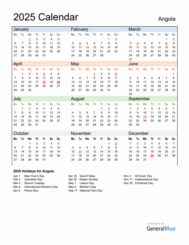 Calendar 2025 with Angola Holidays