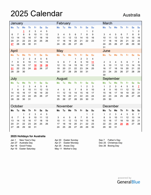 Calendar 2025 with Australia Holidays