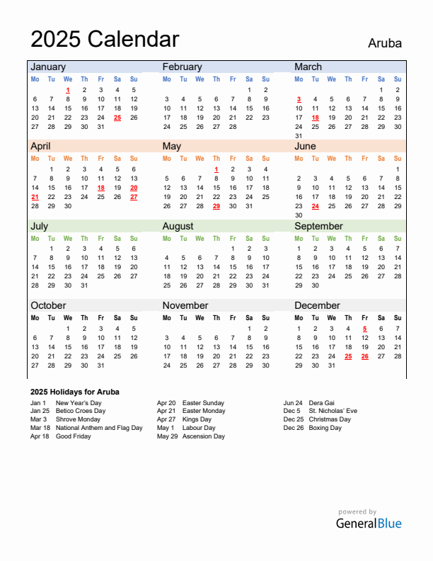 Calendar 2025 with Aruba Holidays