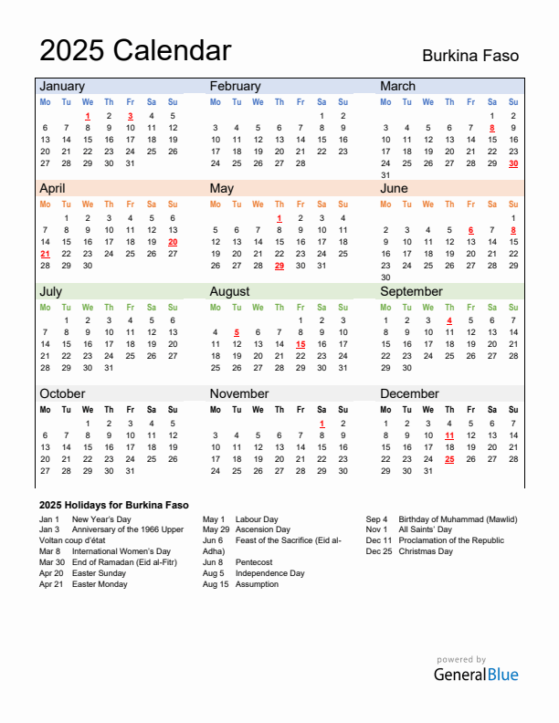 Calendar 2025 with Burkina Faso Holidays