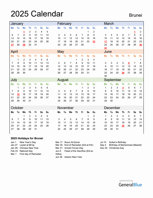 Calendar 2025 with Brunei Holidays