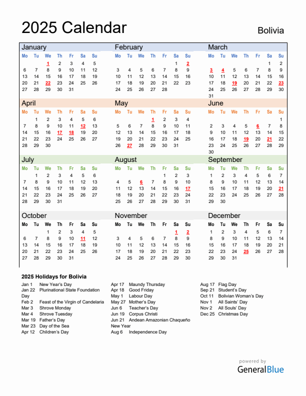 Calendar 2025 with Bolivia Holidays