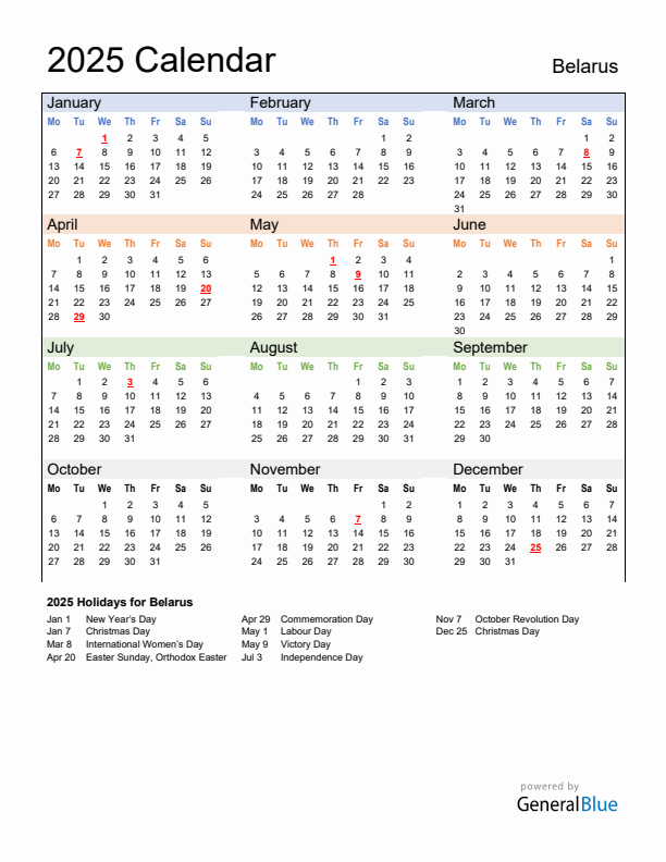 Calendar 2025 with Belarus Holidays