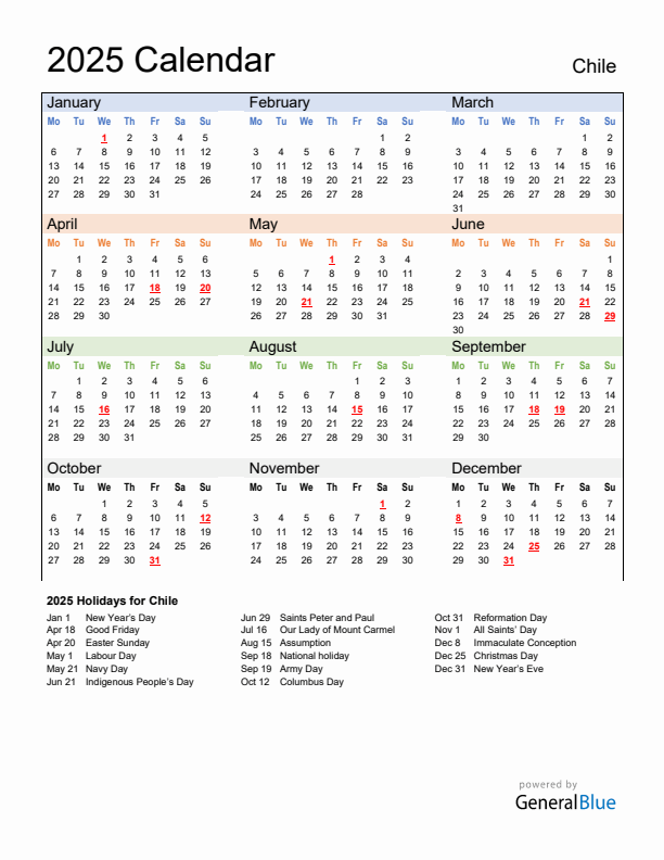 Calendar 2025 with Chile Holidays