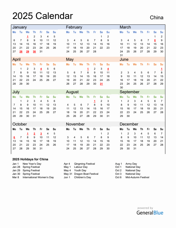 Calendar 2025 with China Holidays