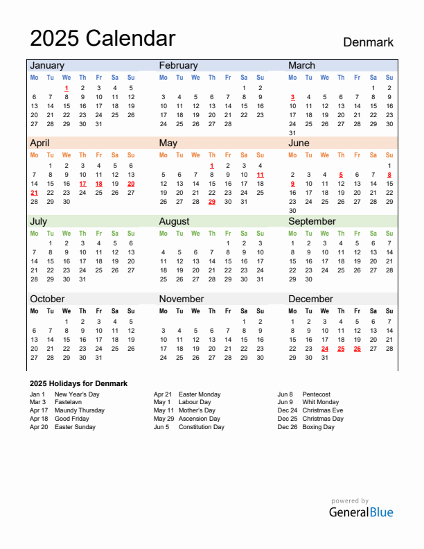 Calendar 2025 with Denmark Holidays