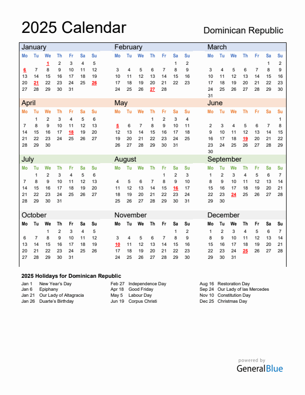 Calendar 2025 with Dominican Republic Holidays