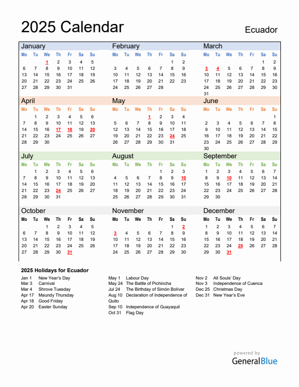 Calendar 2025 with Ecuador Holidays