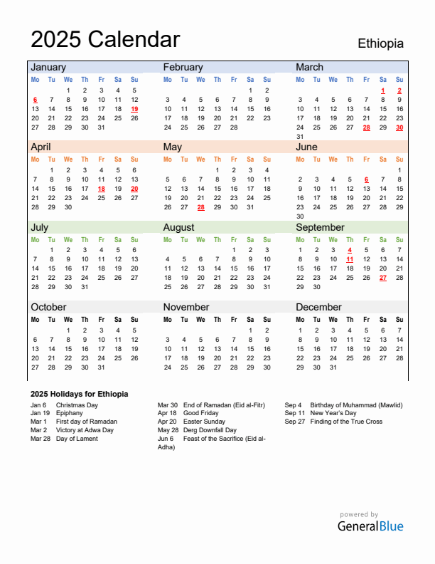 Calendar 2025 with Ethiopia Holidays