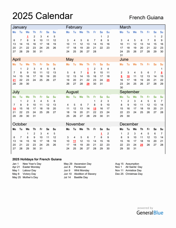 Calendar 2025 with French Guiana Holidays