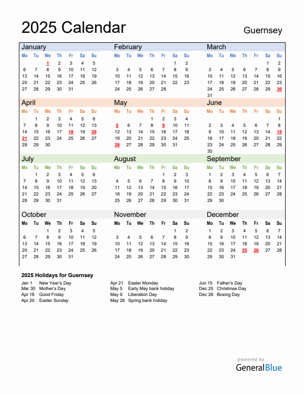 Calendar 2025 with Guernsey Holidays