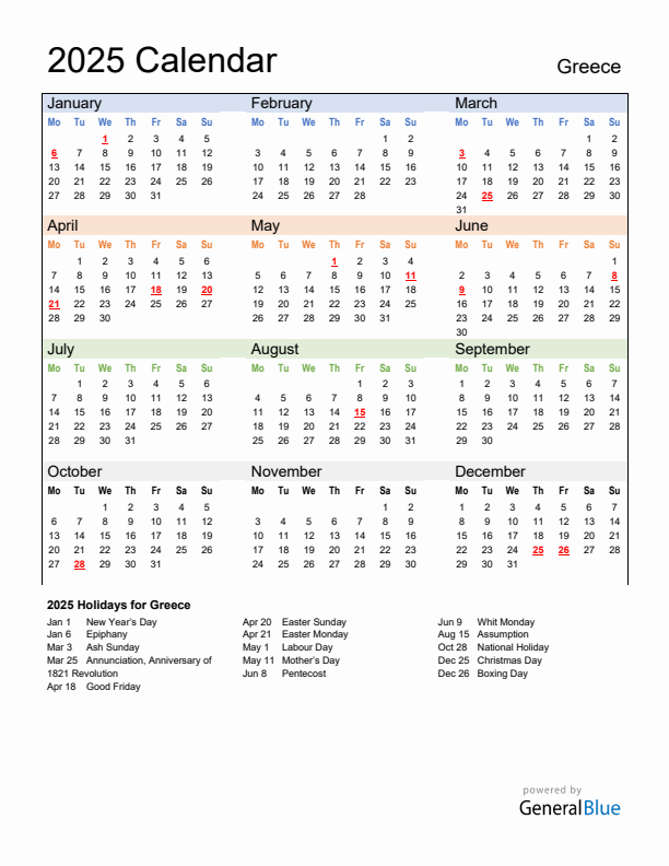 Calendar 2025 with Greece Holidays