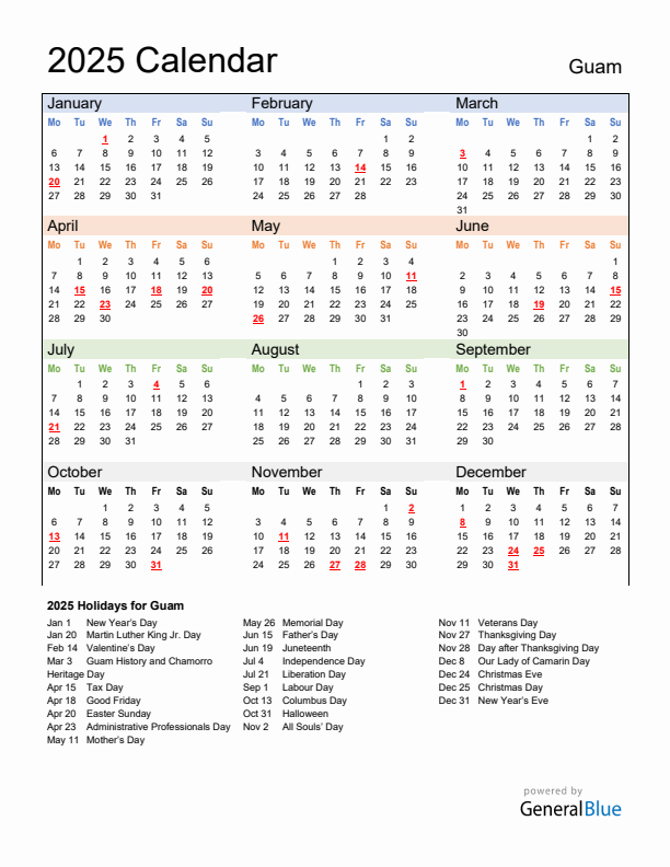 Calendar 2025 with Guam Holidays