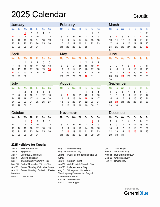 Calendar 2025 with Croatia Holidays