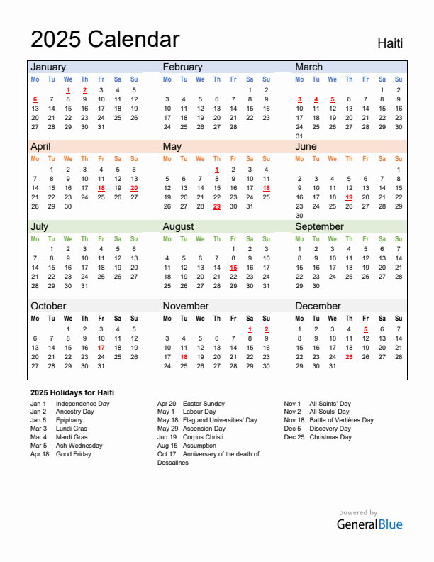 Calendar 2025 with Haiti Holidays