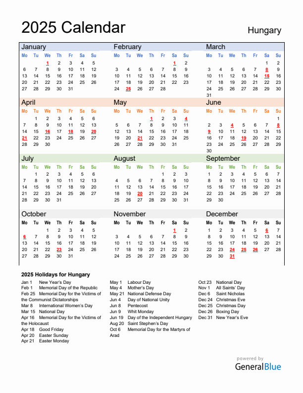 Calendar 2025 with Hungary Holidays