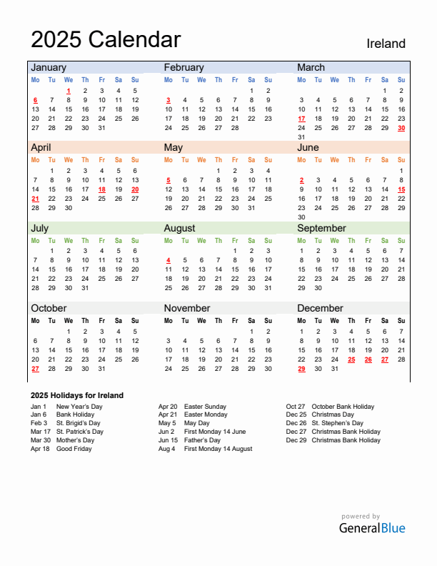 Calendar 2025 with Ireland Holidays