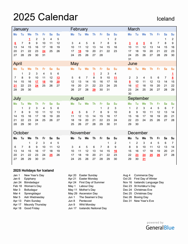 Calendar 2025 with Iceland Holidays