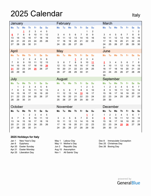 Calendar 2025 with Italy Holidays