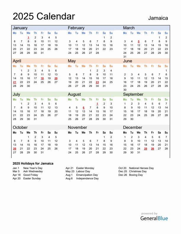 Calendar 2025 with Jamaica Holidays