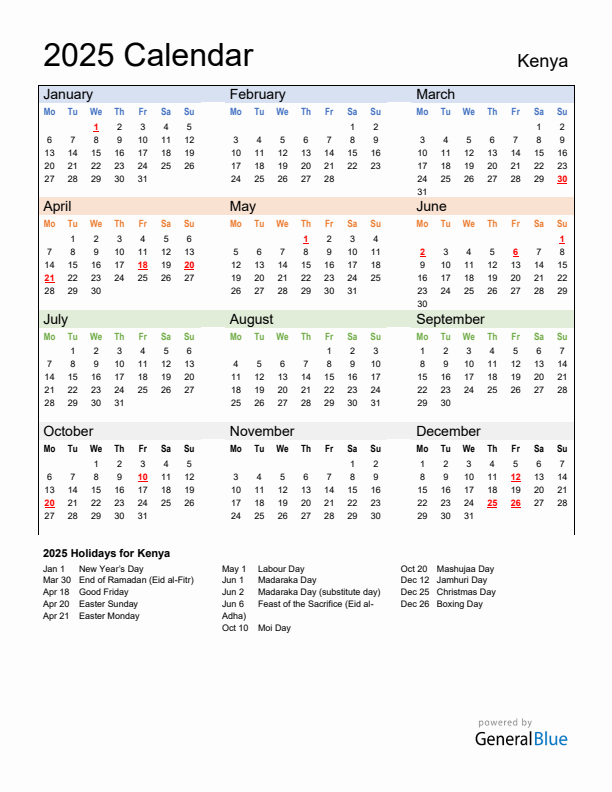 Calendar 2025 with Kenya Holidays