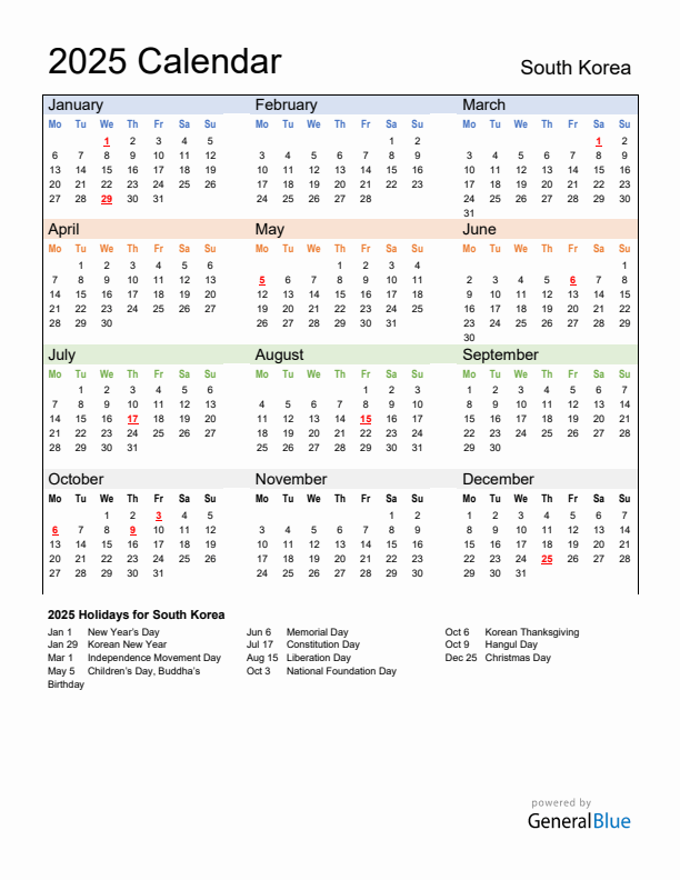 Calendar 2025 with South Korea Holidays