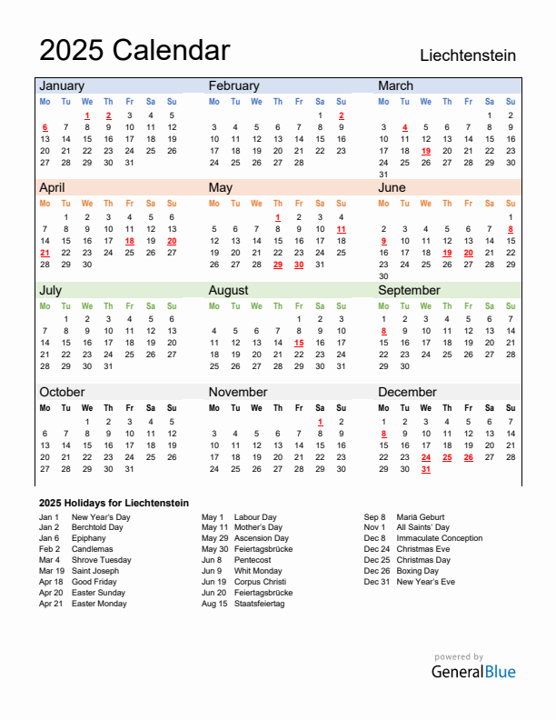 Calendar 2025 with Liechtenstein Holidays